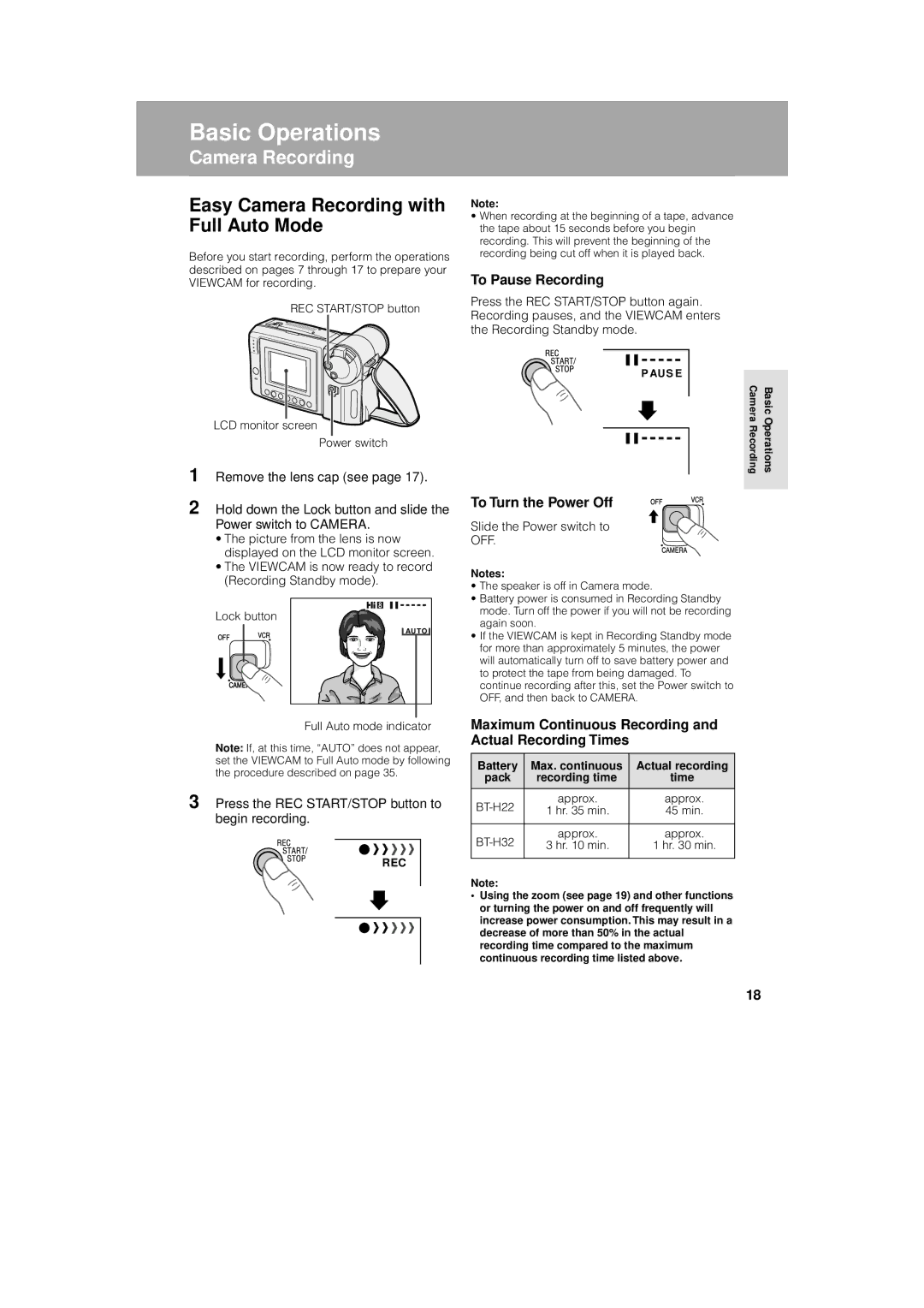 Sharp VL-AH130U operation manual Easy Camera Recording with Full Auto Mode, To Pause Recording, To Turn the Power Off 