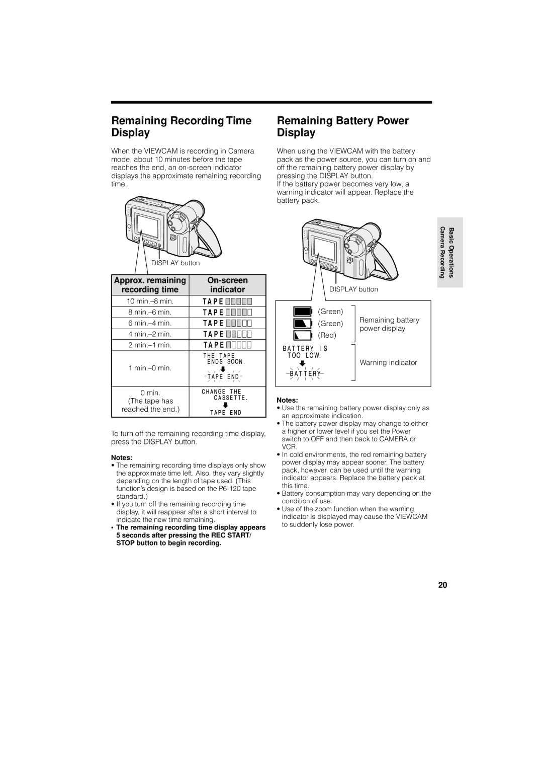 Sharp VL-AH130U operation manual Remaining Recording Time Display, Remaining Battery Power Display 