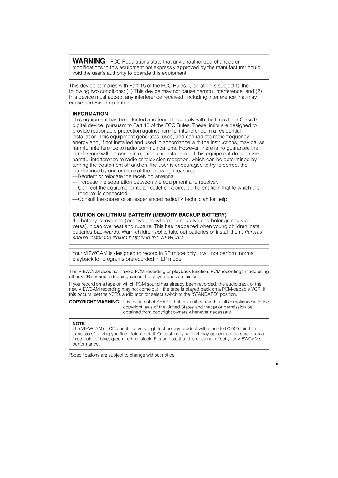 Sharp VL-AH130U operation manual Information 