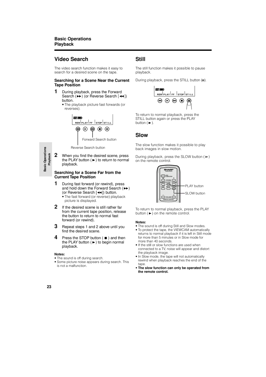 Sharp VL-AH130U operation manual Video Search, Still, Slow, Basic Operations Playback 