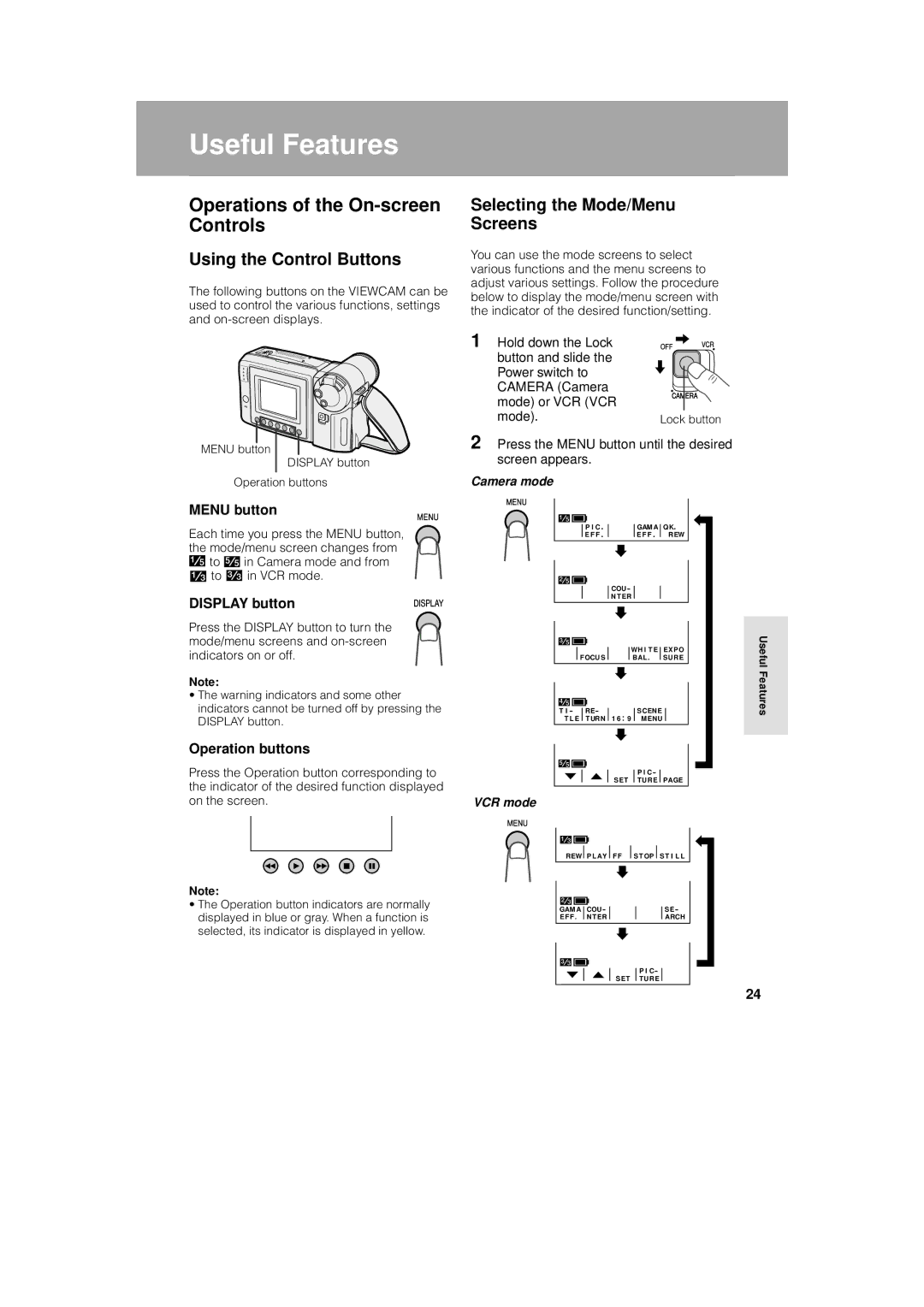 Sharp VL-AH130U Operations of the On-screen Controls, Menu button, Display button, Operation buttons, Useful Features 