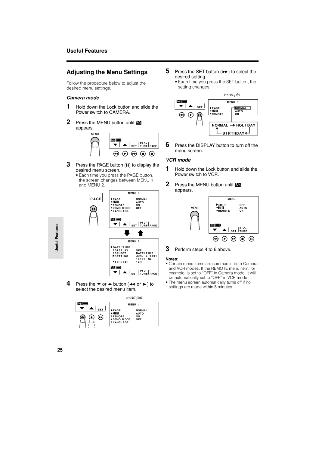 Sharp VL-AH130U operation manual Press, Button C or D to, Select the desired menu item 