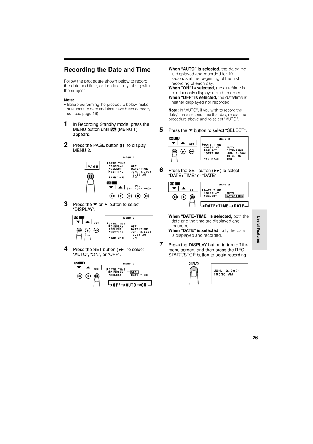 Sharp VL-AH130U operation manual Recording the Date and Time 