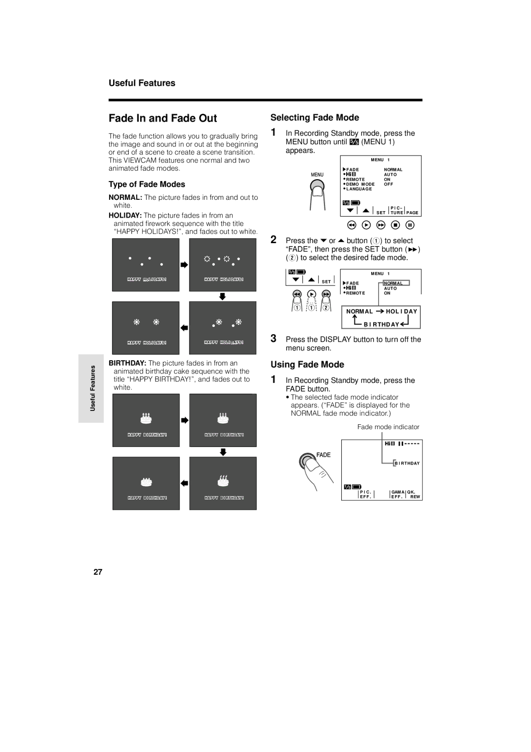 Sharp VL-AH130U operation manual Fade In and Fade Out, Selecting Fade Mode, Using Fade Mode, Type of Fade Modes 