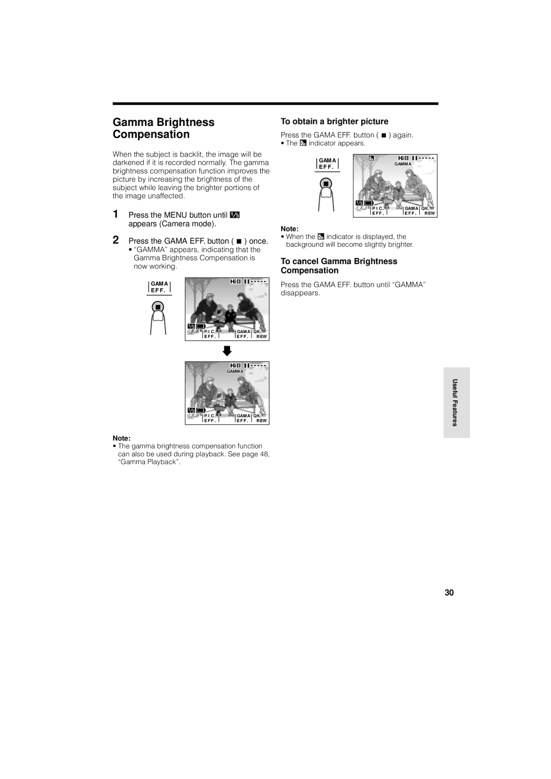 Sharp VL-AH130U operation manual To obtain a brighter picture, To cancel Gamma Brightness Compensation 