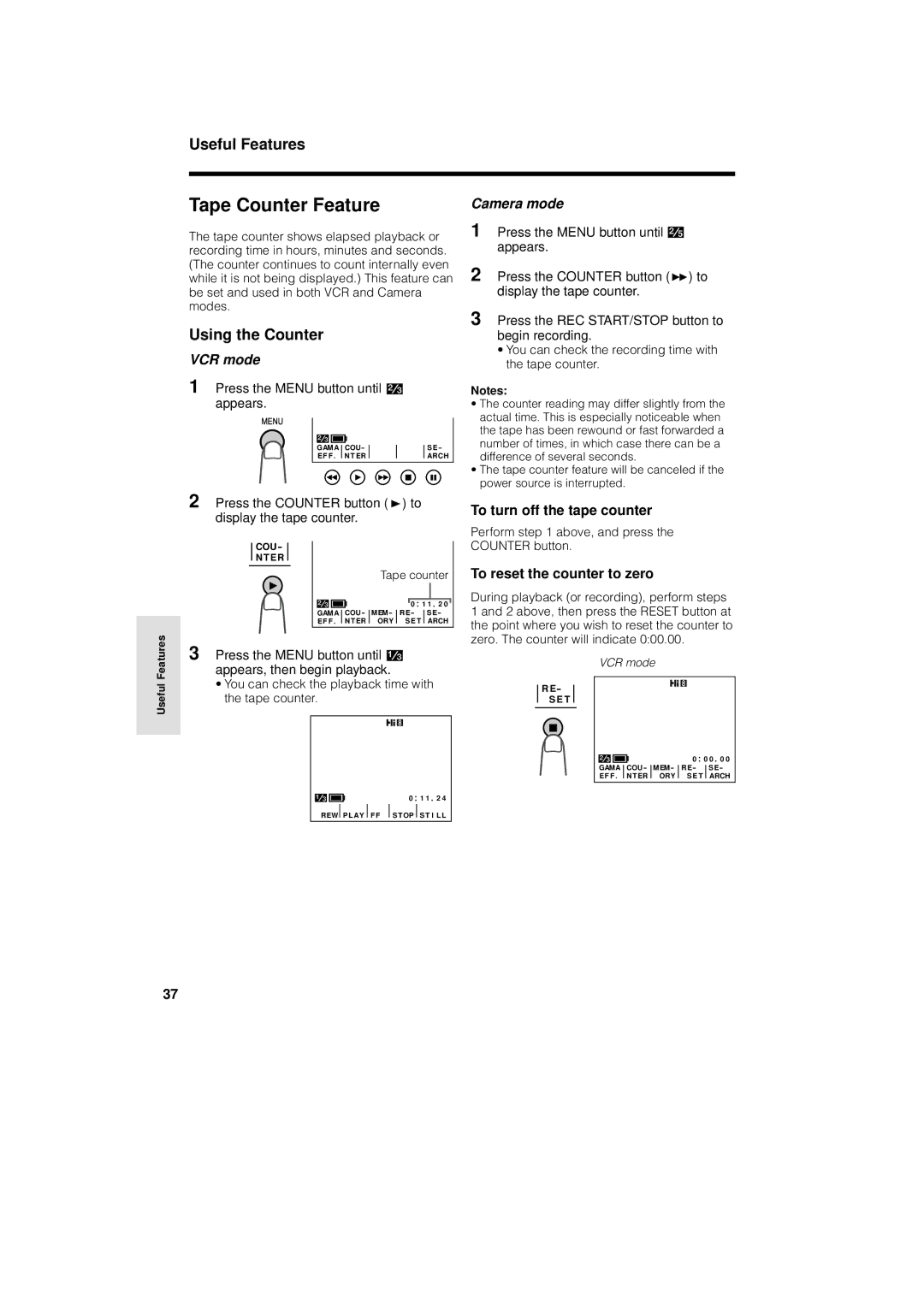 Sharp VL-AH130U Tape Counter Feature, Using the Counter, To turn off the tape counter, To reset the counter to zero 