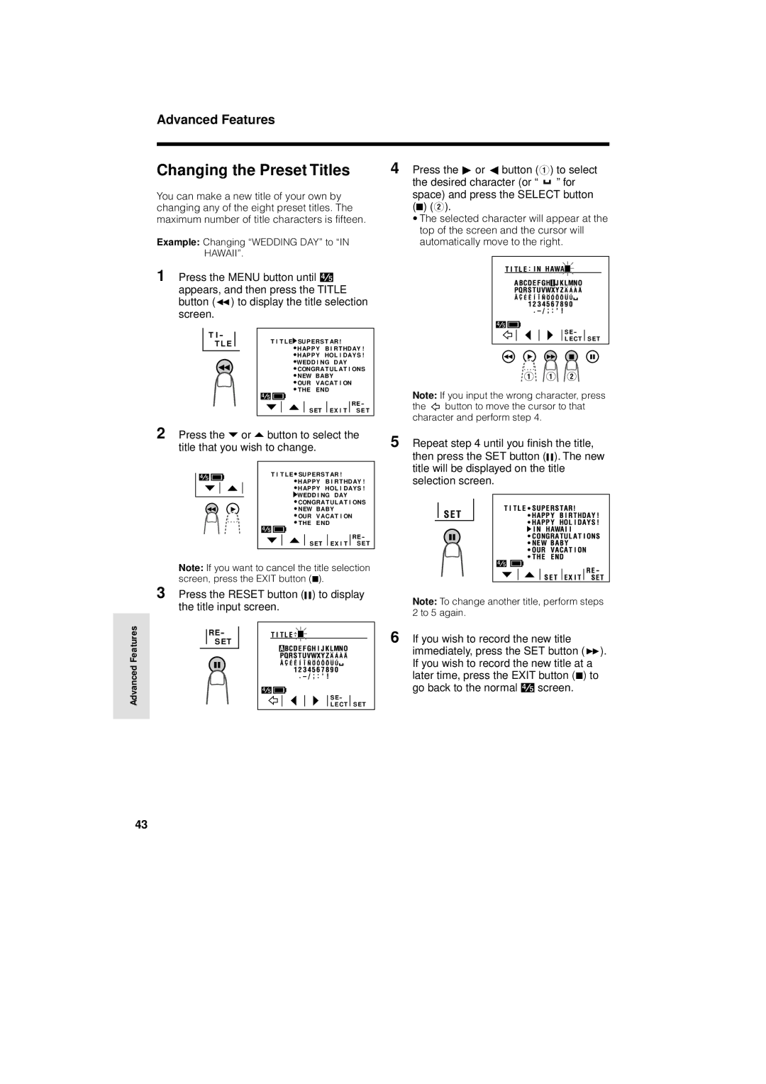 Sharp VL-AH130U Changing the Preset Titles, Press the or ß button Q to select, Top of the screen and the cursor will 