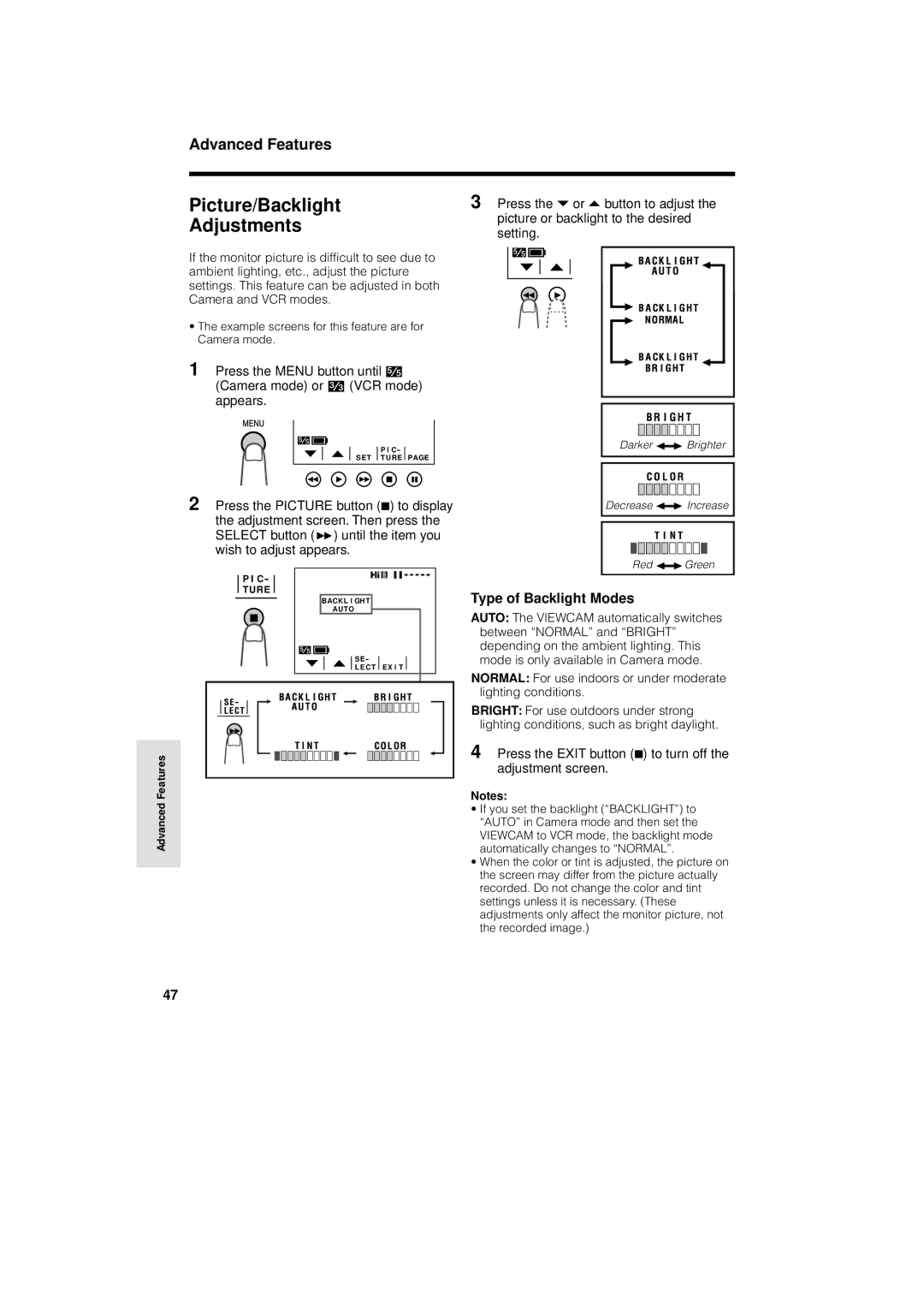 Sharp VL-AH130U operation manual Picture/Backlight Adjustments, Type of Backlight Modes 