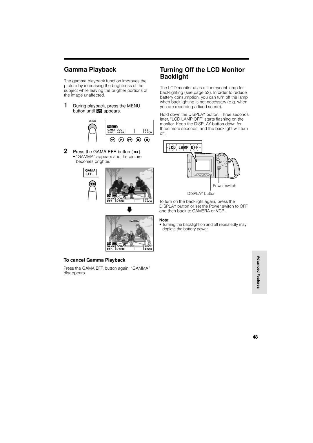 Sharp VL-AH130U operation manual Turning Off the LCD Monitor Backlight, To cancel Gamma Playback 