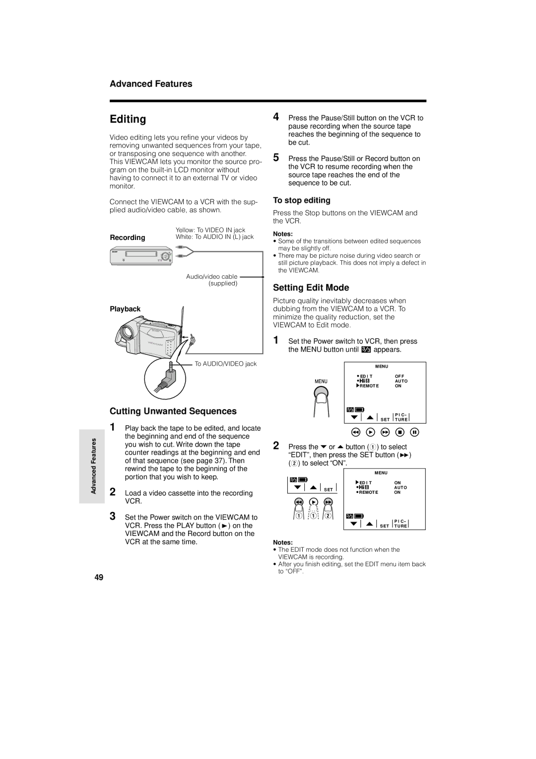 Sharp VL-AH130U operation manual Editing, Cutting Unwanted Sequences, Setting Edit Mode, To stop editing 