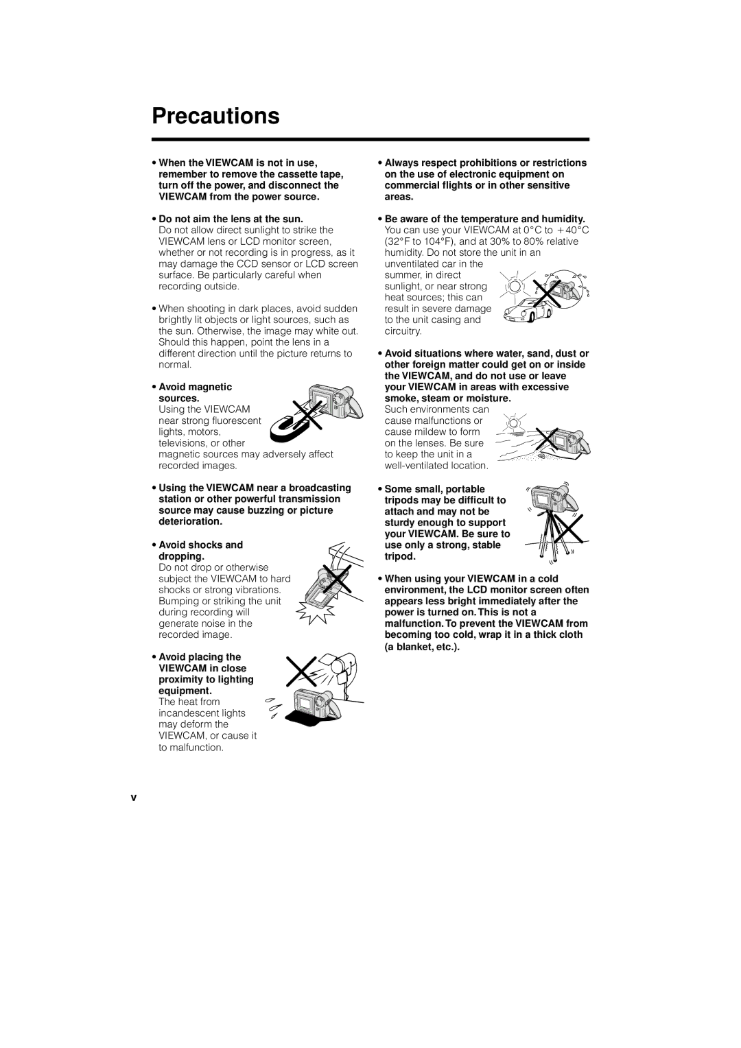 Sharp VL-AH130U operation manual Do not aim the lens at the sun, Avoid shocks and dropping 