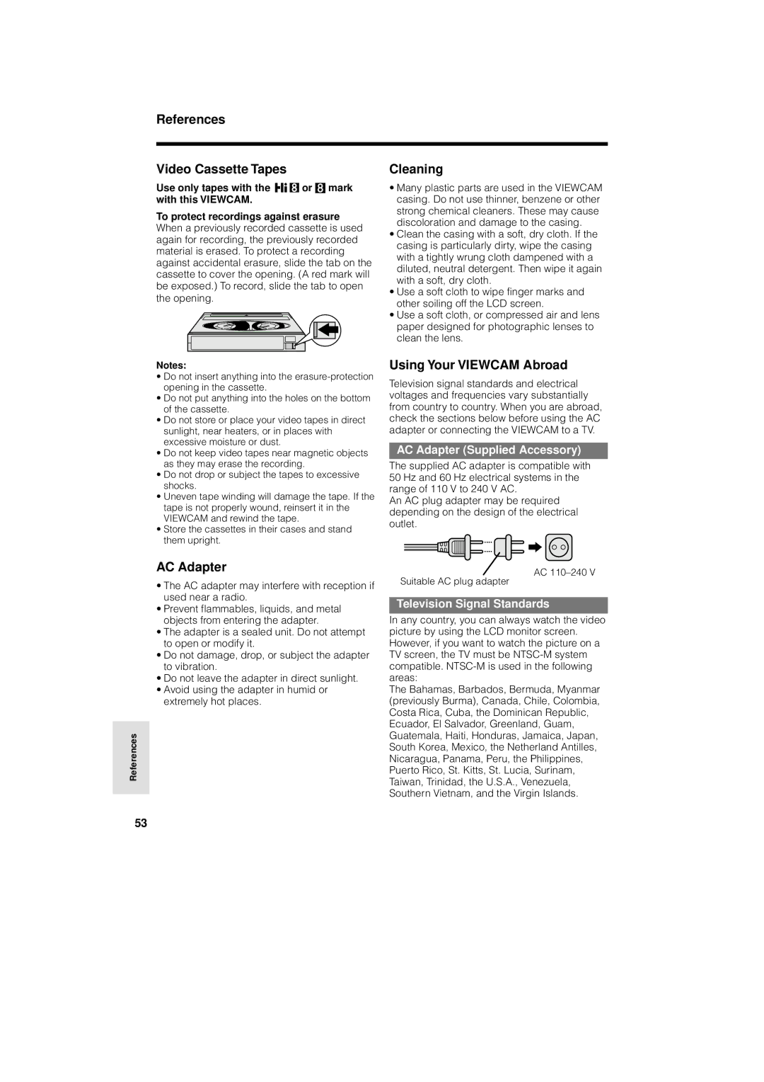 Sharp VL-AH130U operation manual References Video Cassette Tapes, Cleaning, AC Adapter, Using Your Viewcam Abroad 