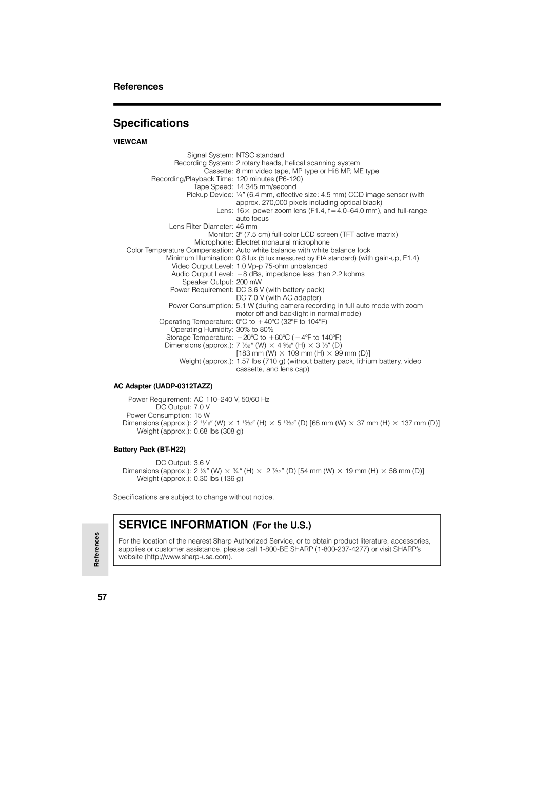 Sharp VL-AH130U Specifications, Service Information For the U.S, AC Adapter UADP-0312TAZZ, Battery Pack BT-H22 