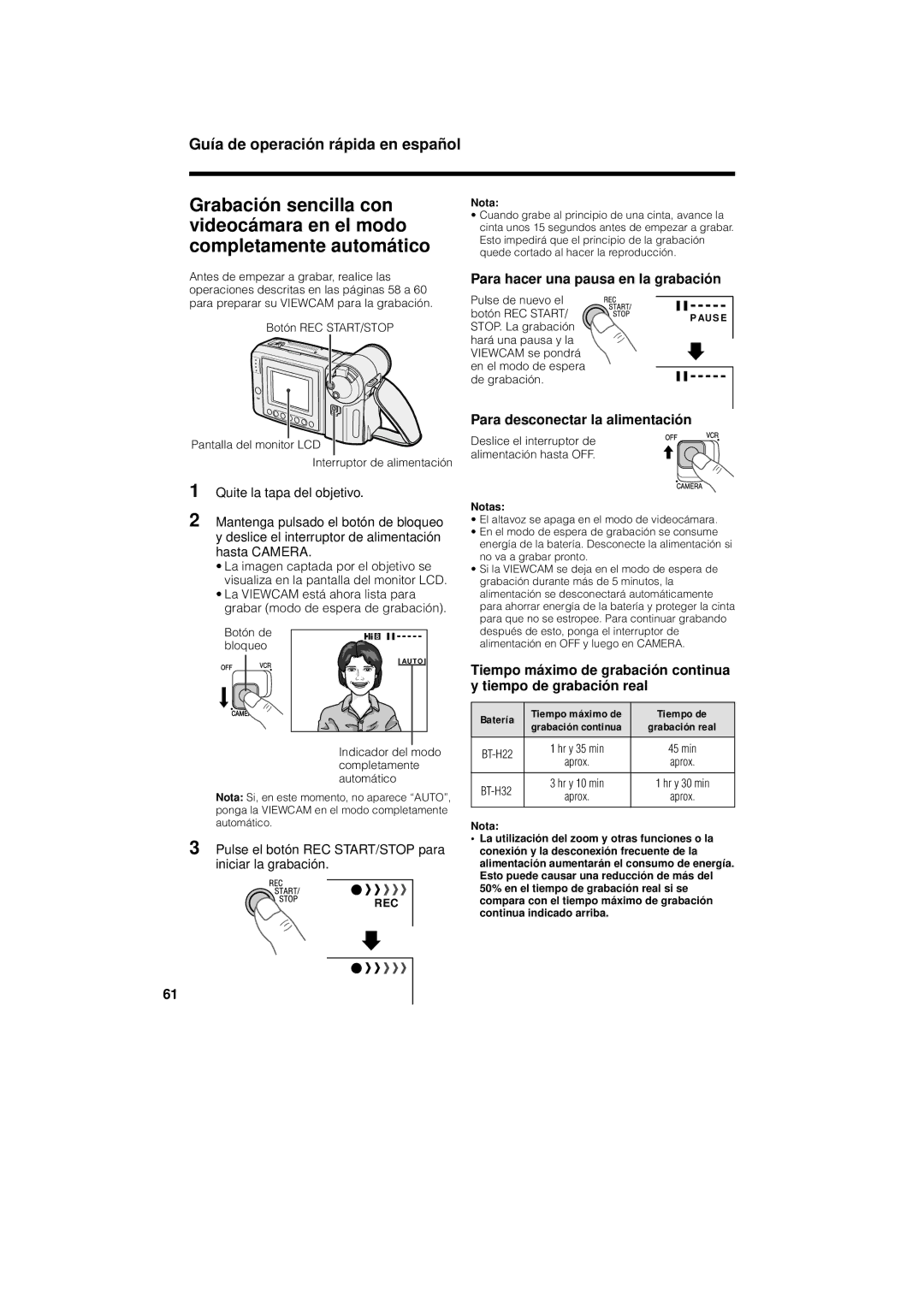 Sharp VL-AH130U Para hacer una pausa en la grabació n, Para desconectar la alimentació n, Batería, Tiempo de 