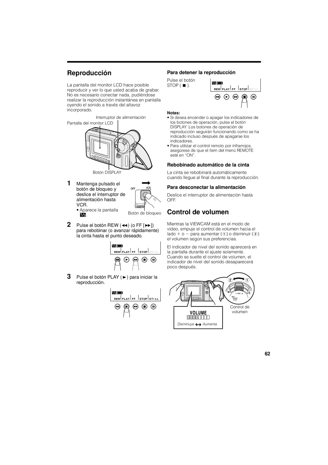 Sharp VL-AH130U Reproducció n, Control de volumen, Para detener la reproducció n, Rebobinado automá tico de la cinta 