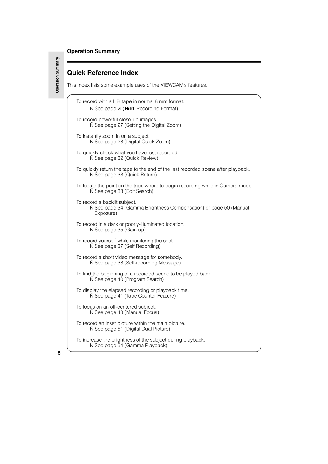 Sharp VL-AH150U, VL-AH160U operation manual Quick Reference Index, Operation Summary 