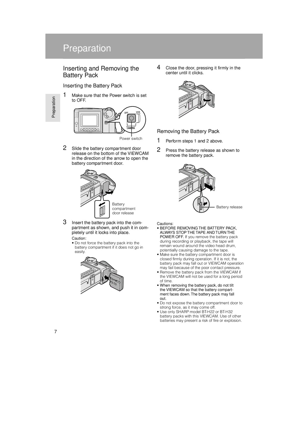 Sharp VL-AH150U, VL-AH160U Inserting and Removing, Inserting the Battery Pack, Removing the Battery Pack 