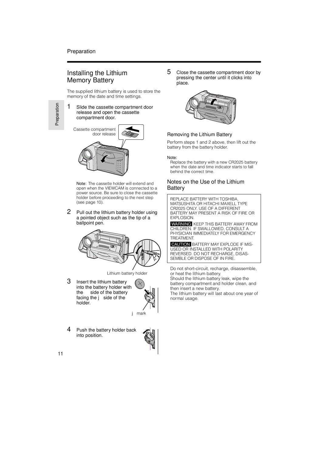 Sharp VL-AH150U, VL-AH160U operation manual Installing the Lithium Memory Battery, Removing the Lithium Battery 