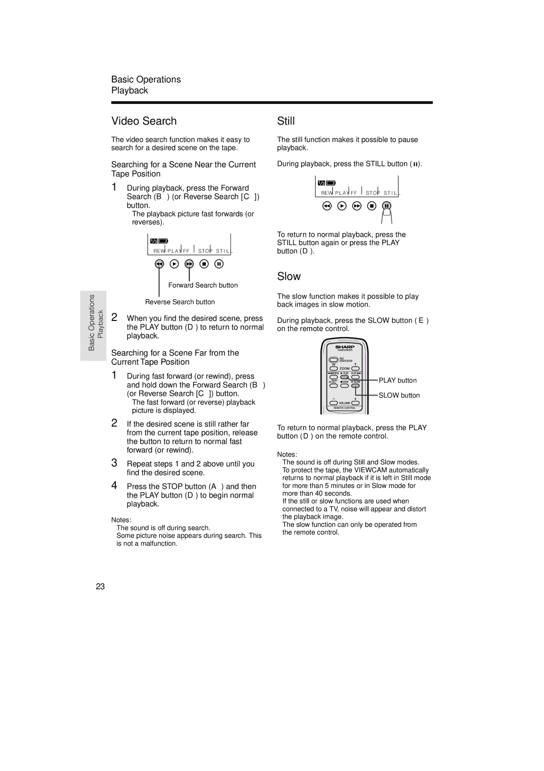 Sharp VL-AH150U, VL-AH160U operation manual Video Search, Still, Slow, Basic Operations Playback 