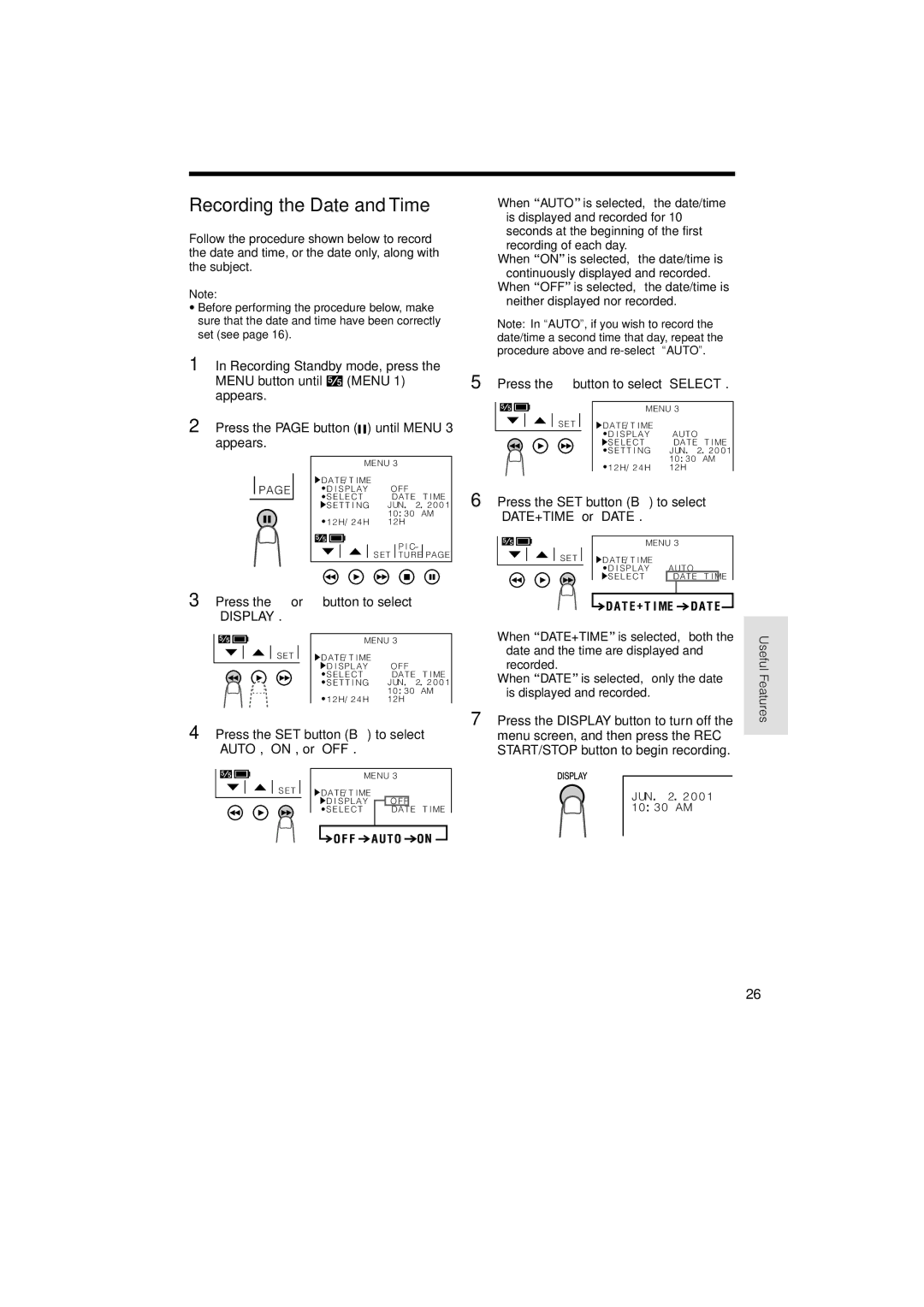 Sharp VL-AH160U, VL-AH150U Recording the Date and Time, Press the or Button to select, Press the button to select Select 