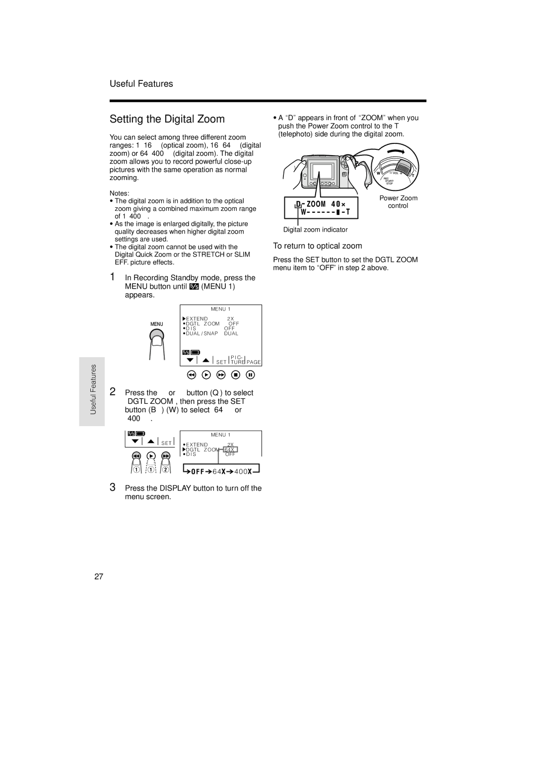 Sharp VL-AH150U, VL-AH160U operation manual Setting the Digital Zoom, To return to optical zoom 