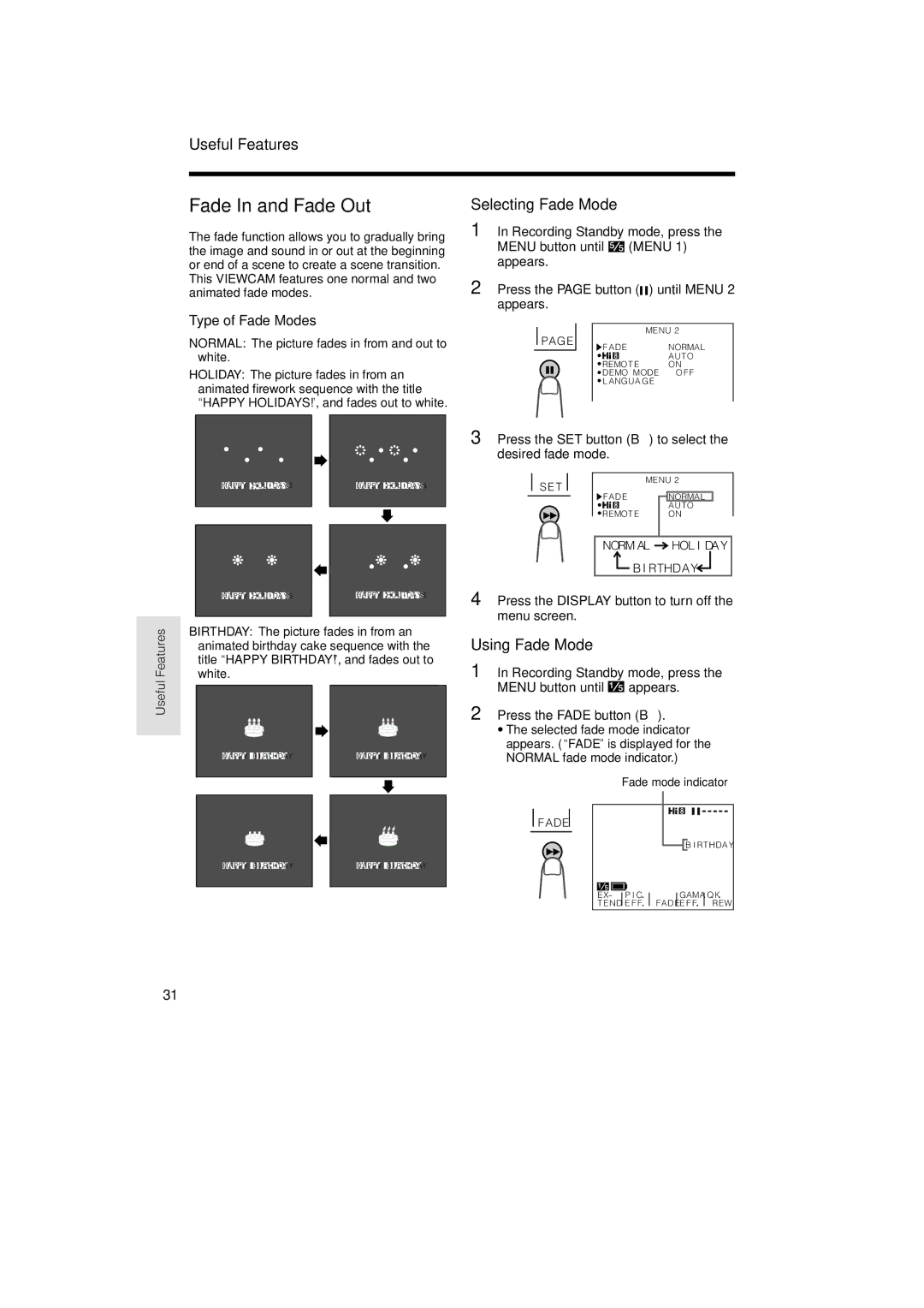 Sharp VL-AH150U, VL-AH160U operation manual Fade In and Fade Out, Selecting Fade Mode, Using Fade Mode, Type of Fade Modes 