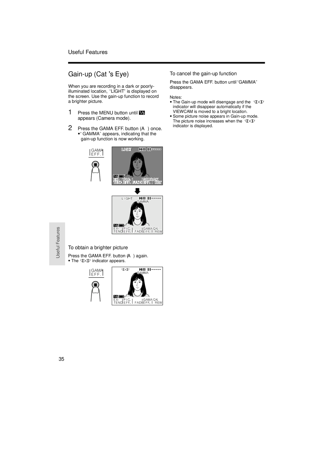 Sharp VL-AH150U, VL-AH160U operation manual Gain-up Cat’s Eye, To cancel the gain-up function 