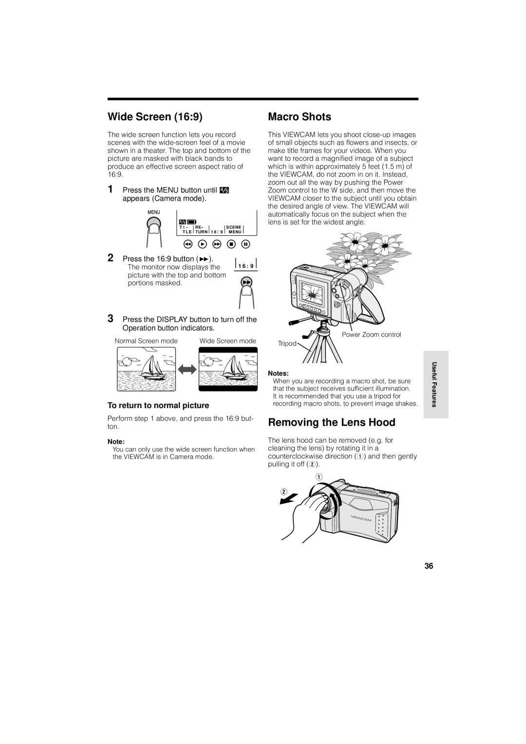 Sharp VL-AH160U, VL-AH150U operation manual Wide Screen, Macro Shots, Removing the Lens Hood, To return to normal picture 