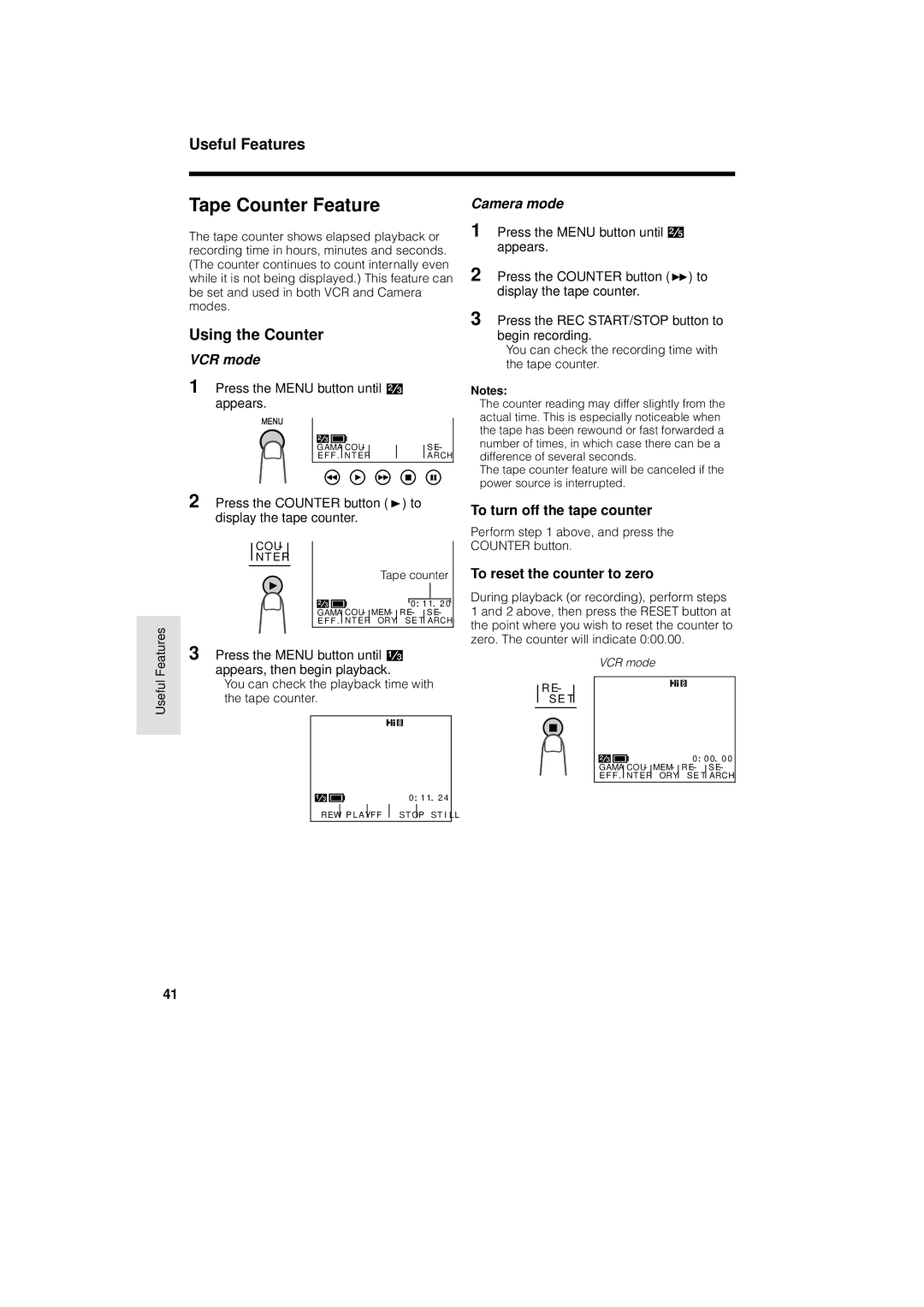 Sharp VL-AH150U Tape Counter Feature, Using the Counter, To turn off the tape counter, To reset the counter to zero 