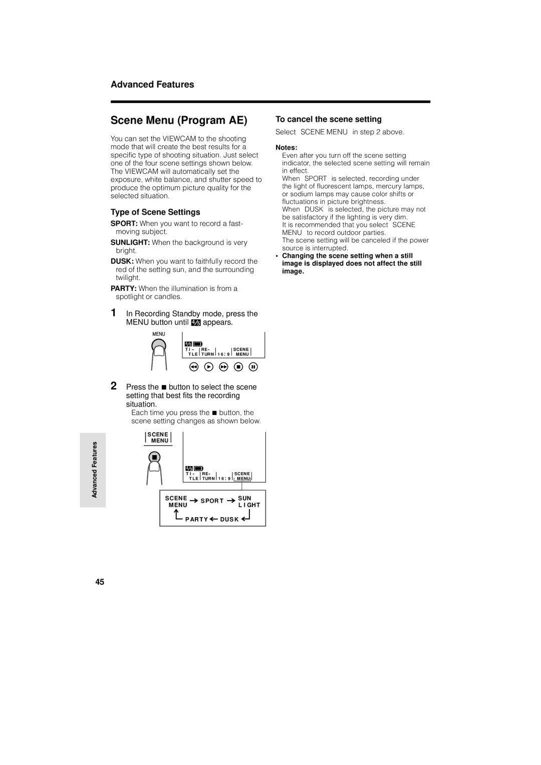 Sharp VL-AH150U Scene Menu Program AE, Type of Scene Settings, To cancel the scene setting, Select Scene Menu in above 