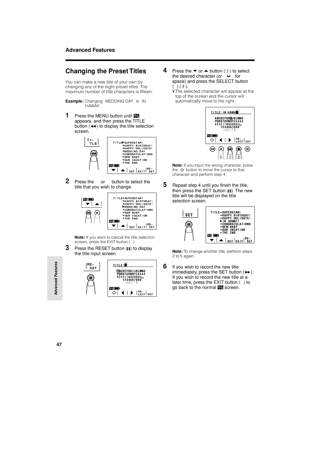 Sharp VL-AH150U Changing the Preset Titles, Press the or ß button Q to select, Top of the screen and the cursor will 