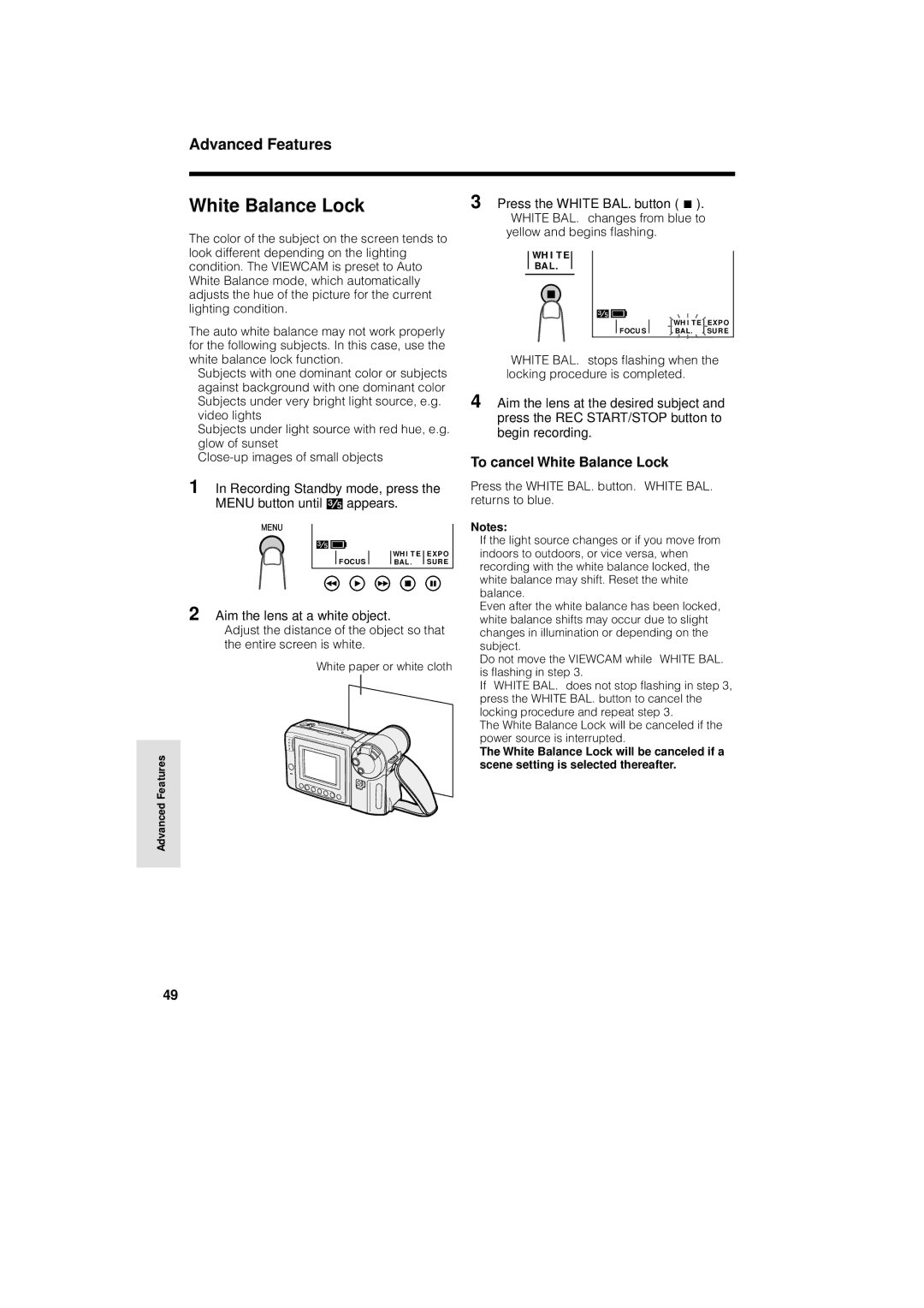 Sharp VL-AH150U, VL-AH160U To cancel White Balance Lock, Press the White BAL. button. White BAL. returns to blue 