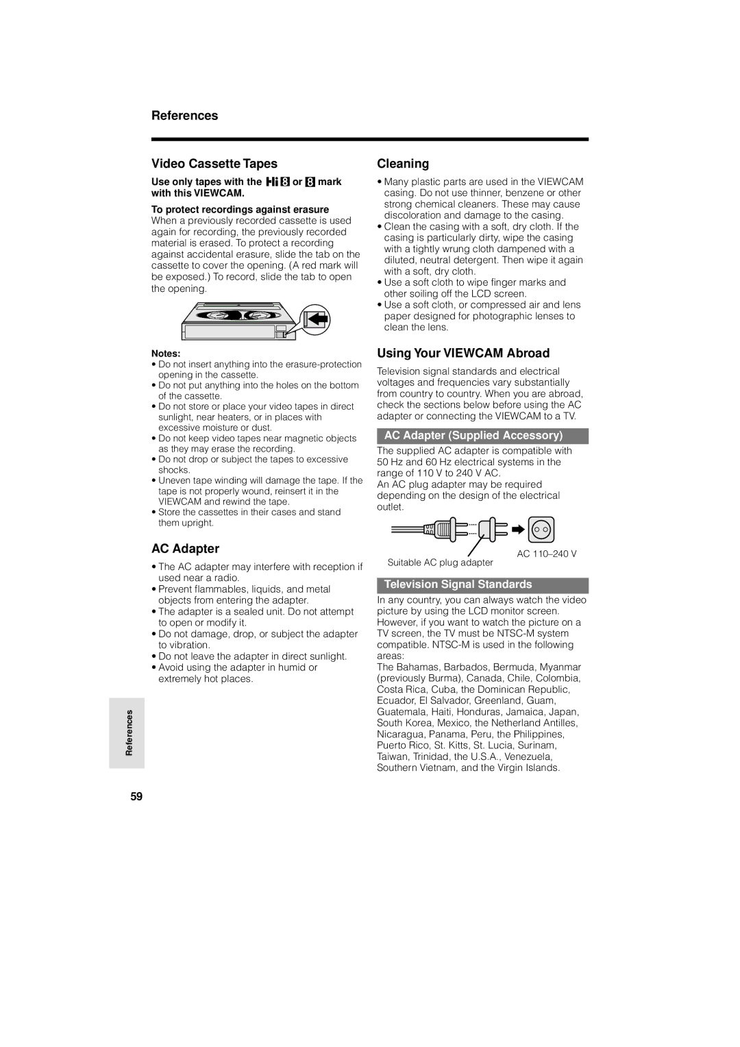 Sharp VL-AH150U, VL-AH160U operation manual References Video Cassette Tapes, Cleaning, AC Adapter, Using Your Viewcam Abroad 