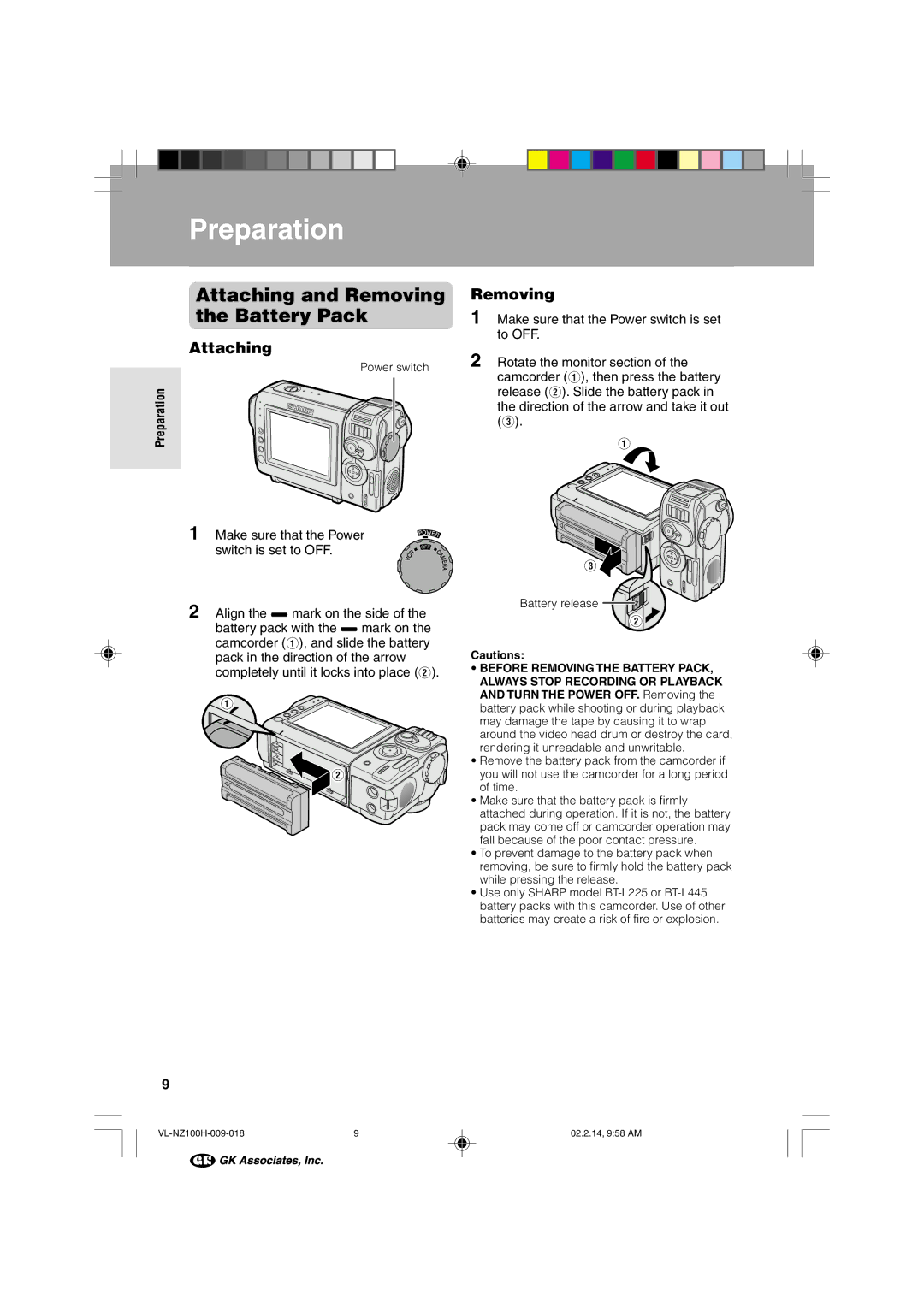 Sharp VL-NZ100S manual Attaching and Removing the Battery Pack, Preparation 