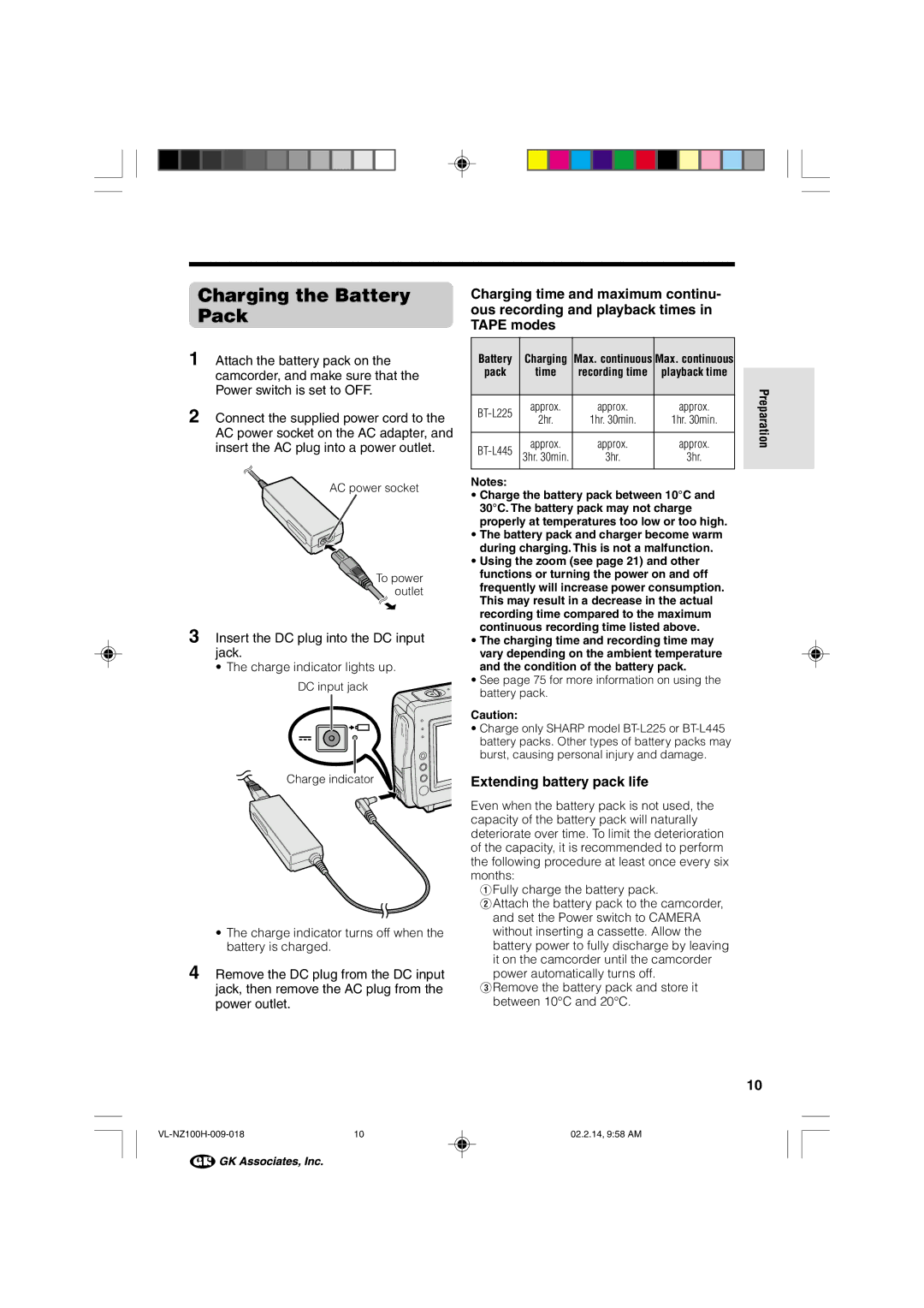 Sharp VL-NZ100S manual Charging the Battery Pack, Extending battery pack life, 1Fully charge the battery pack 