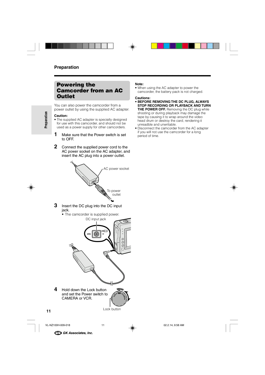 Sharp VL-NZ100S manual Powering the Camcorder from an AC Outlet, Preparation 