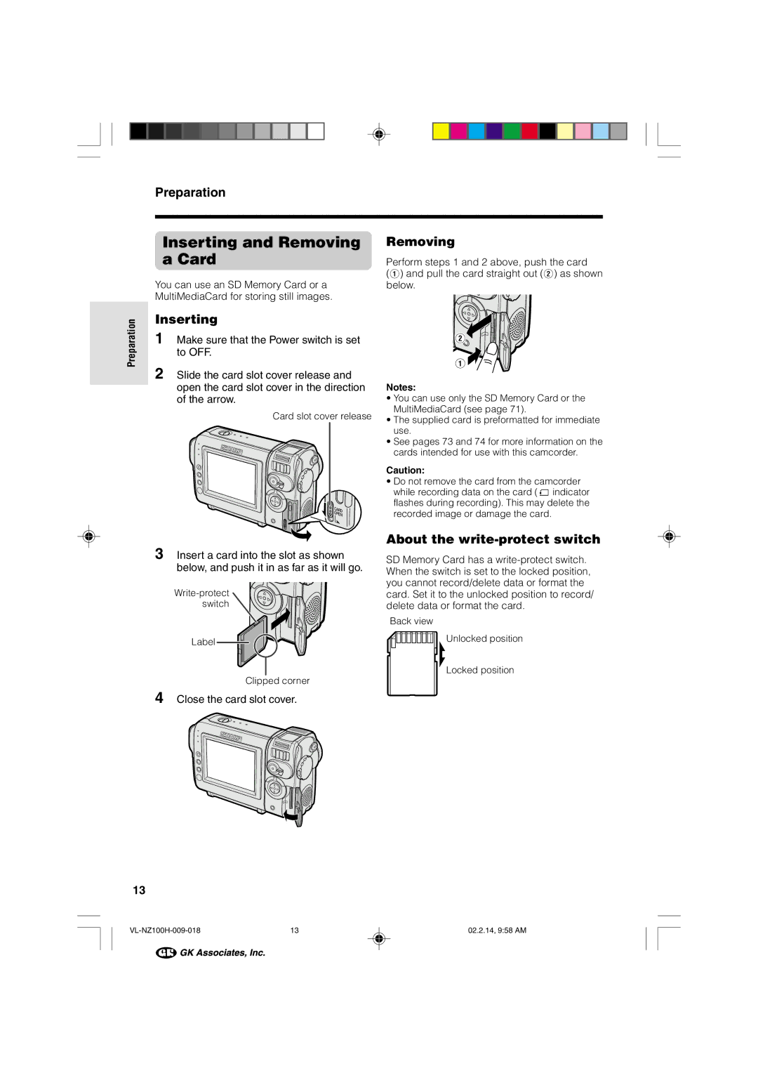 Sharp VL-NZ100S manual Inserting and Removing a Card, About the write-protect switch, Close the card slot cover 