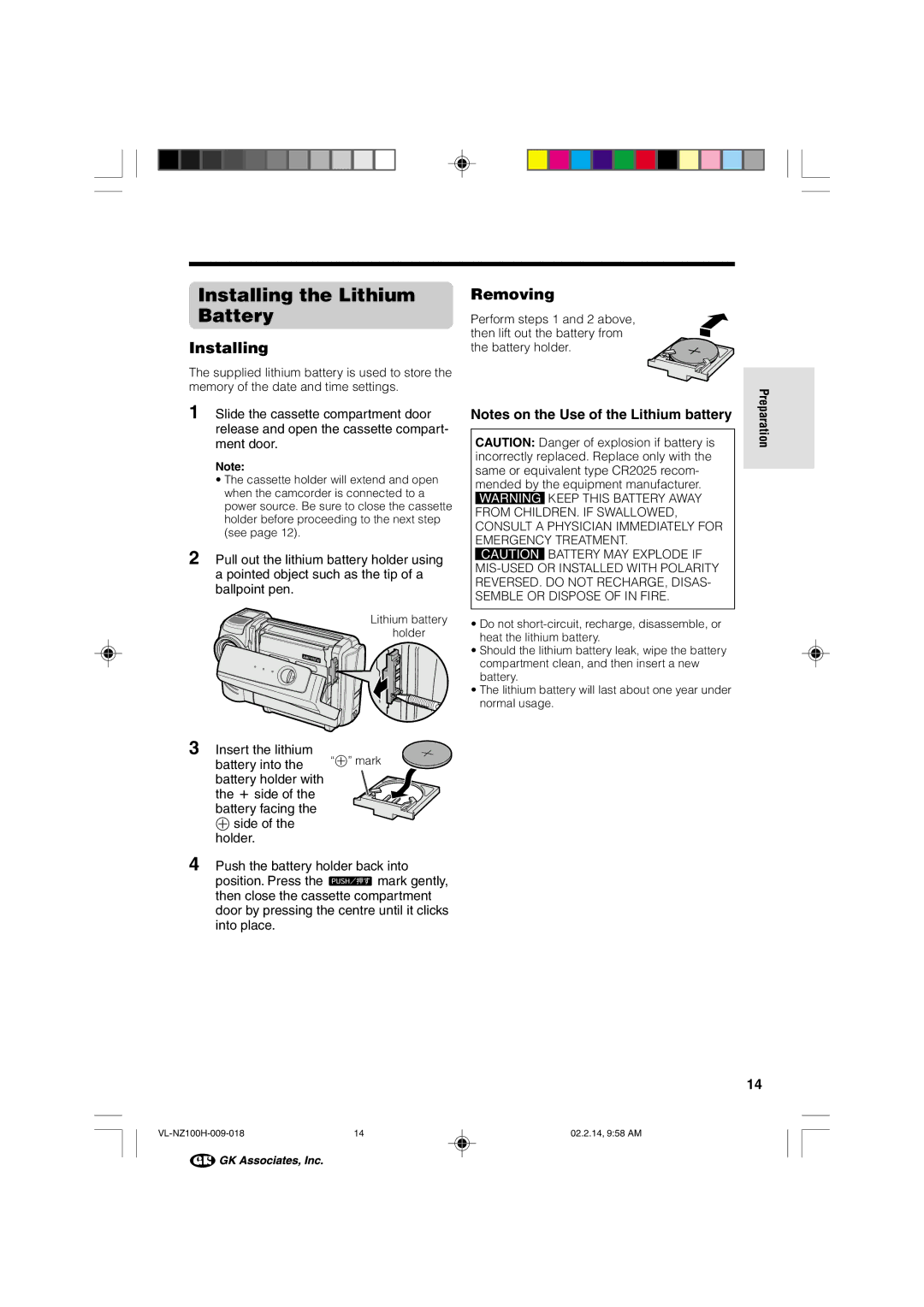 Sharp VL-NZ100S manual Installing the Lithium Battery 