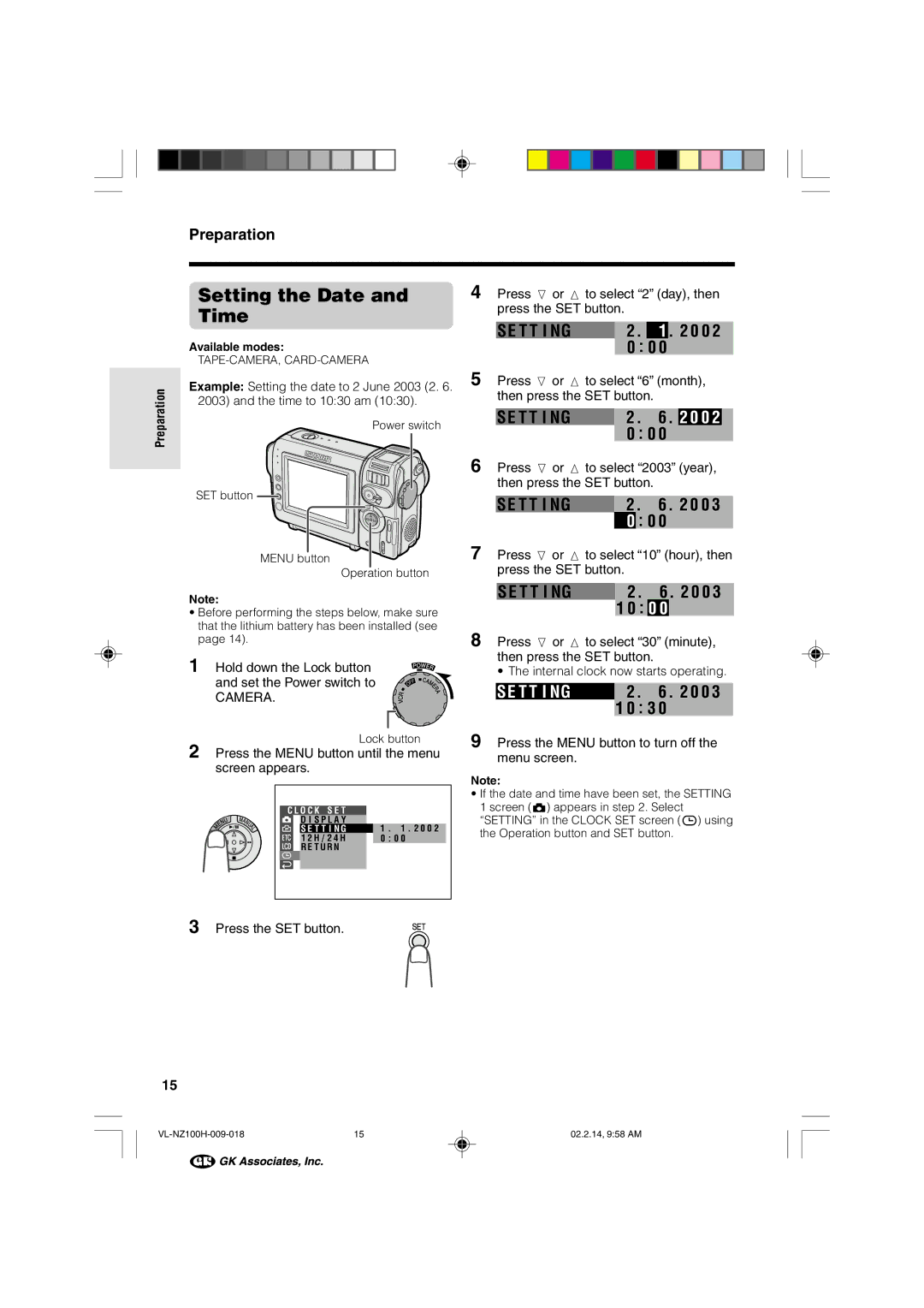 Sharp VL-NZ100S manual Setting the Date, Time, T T I Ng 