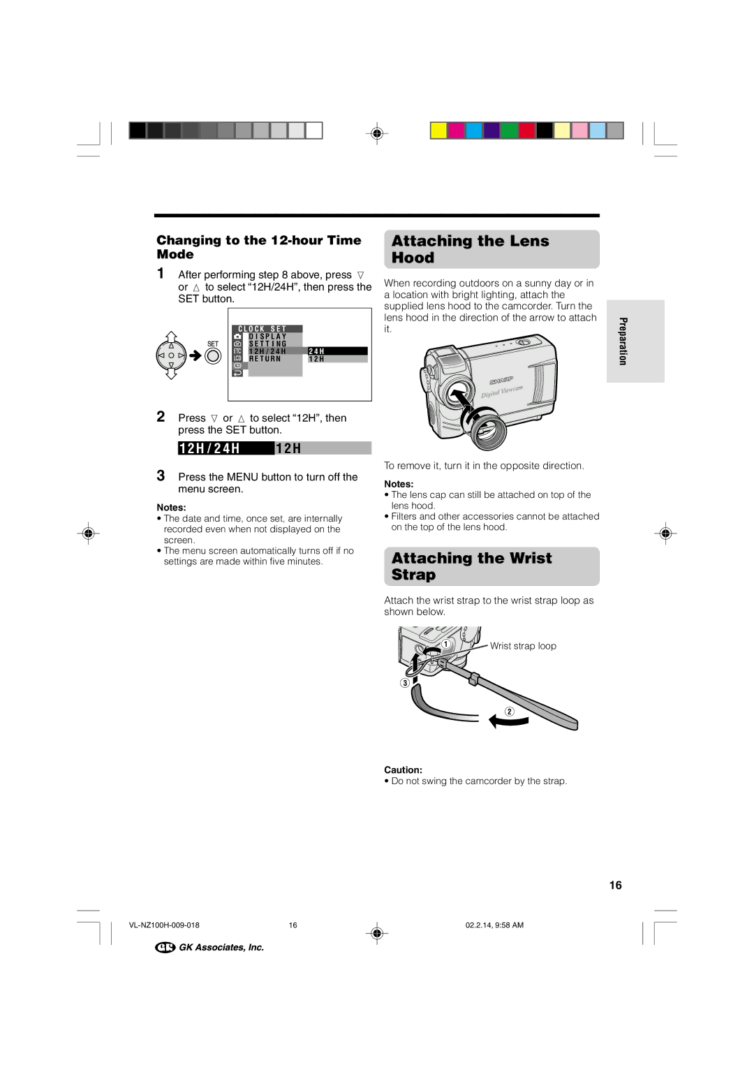 Sharp VL-NZ100S manual Attaching the Lens Hood, Attaching the Wrist Strap, Changing to the 12-hour Time Mode 