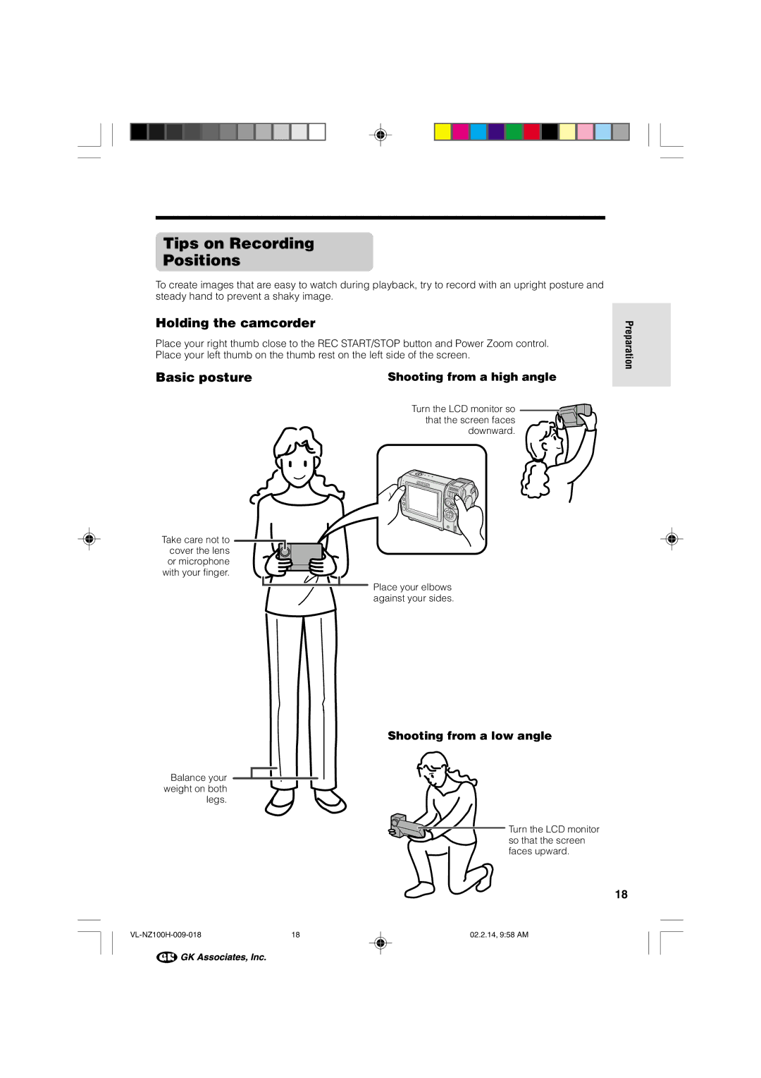 Sharp VL-NZ100S manual Tips on Recording Positions, Holding the camcorder, Basic posture, Shooting from a high angle 