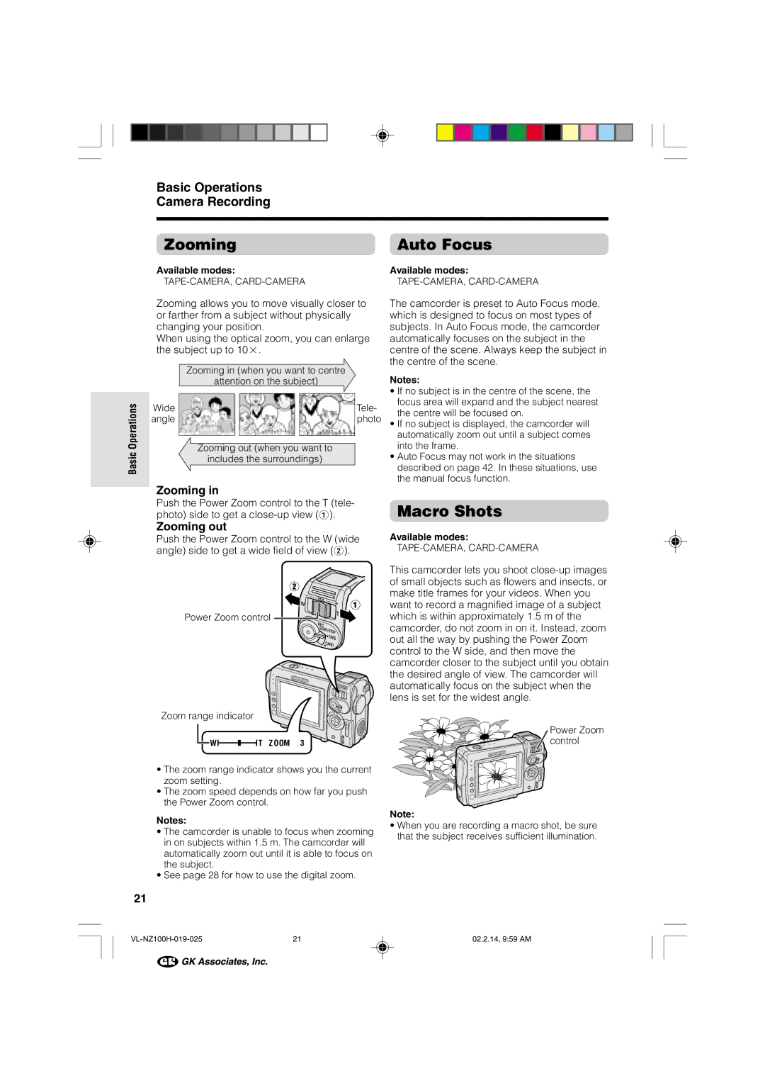 Sharp VL-NZ100S manual Zooming Auto Focus, Macro Shots, Basic Operations Camera Recording, Zooming out 