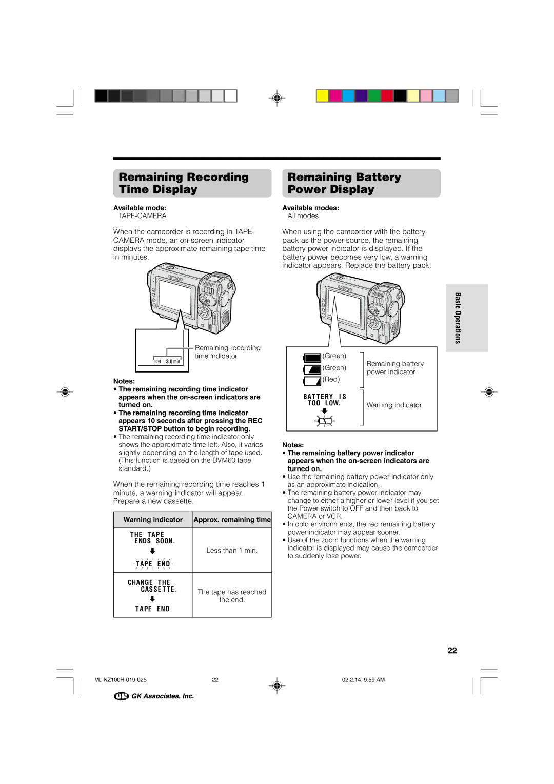 Sharp VL-NZ100S manual Remaining Recording Time Display, Remaining Battery Power Display 