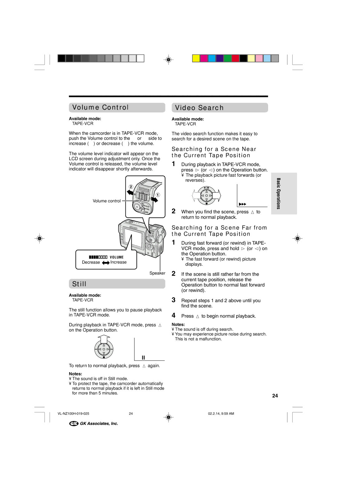 Sharp VL-NZ100S manual Volume Control, Still, Video Search, Searching for a Scene Near the Current Tape Position 