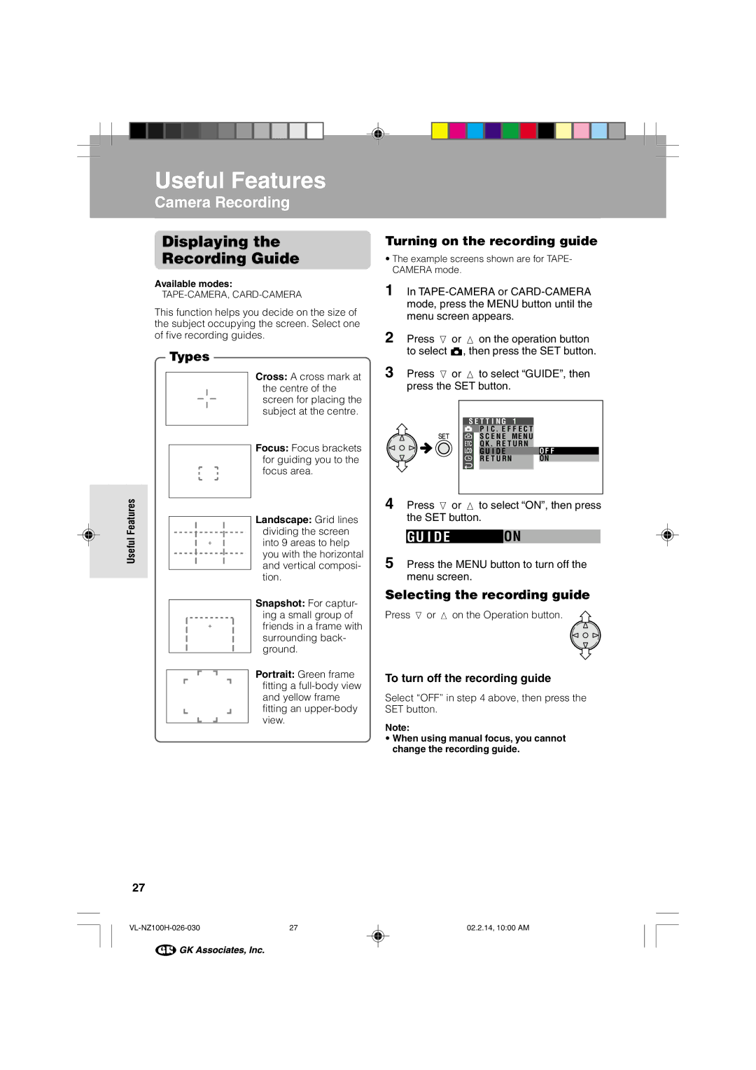 Sharp VL-NZ100S Displaying Recording Guide, Gu I De, Types, Turning on the recording guide, Selecting the recording guide 