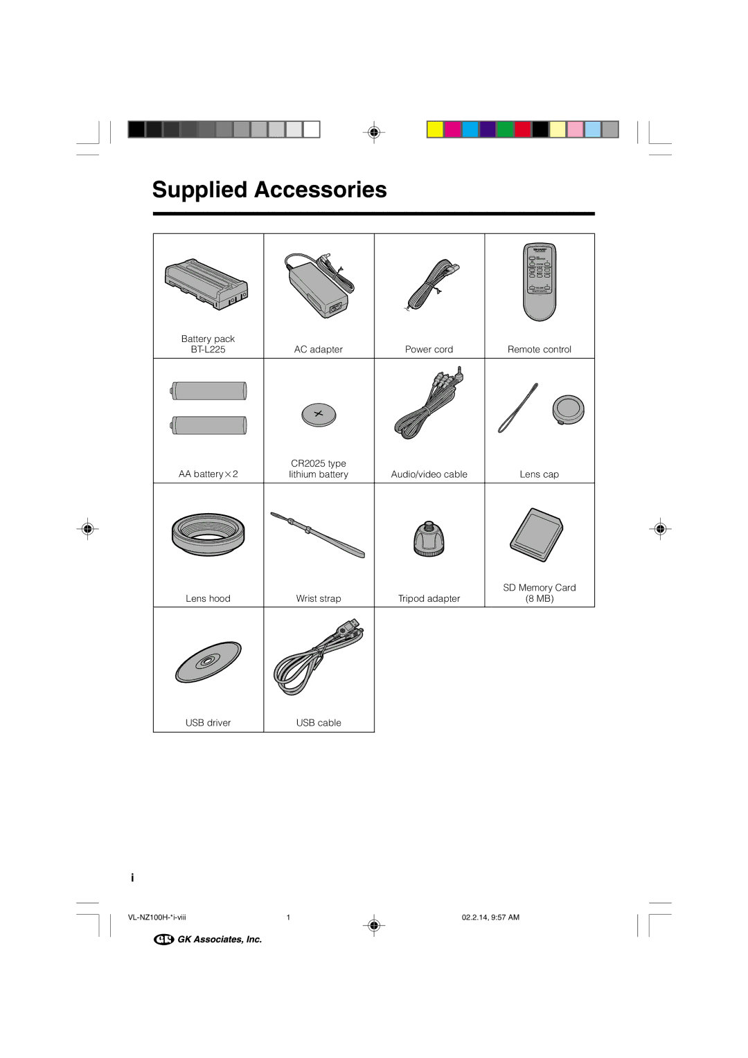 Sharp VL-NZ100S manual Supplied Accessories 