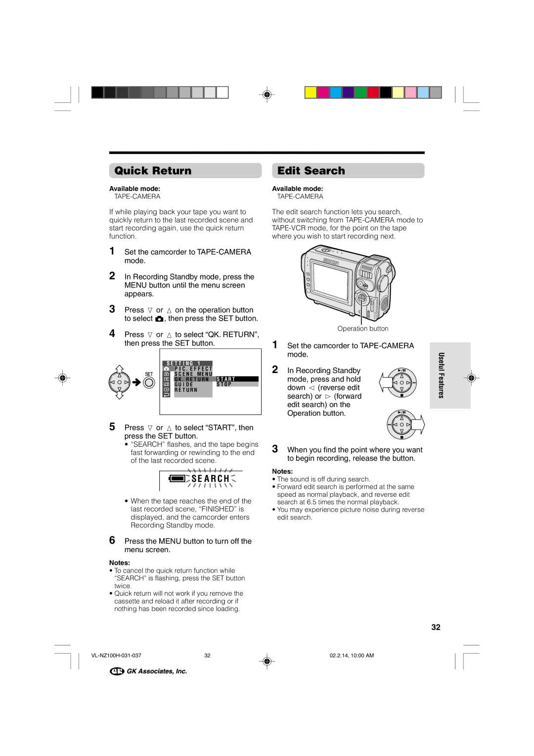 Sharp VL-NZ100S manual Quick Return, Edit Search, Recording Standby, Mode, press and hold 