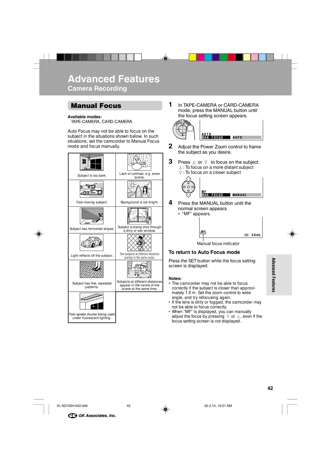 Sharp VL-NZ100S manual Manual Focus, To return to Auto Focus mode 