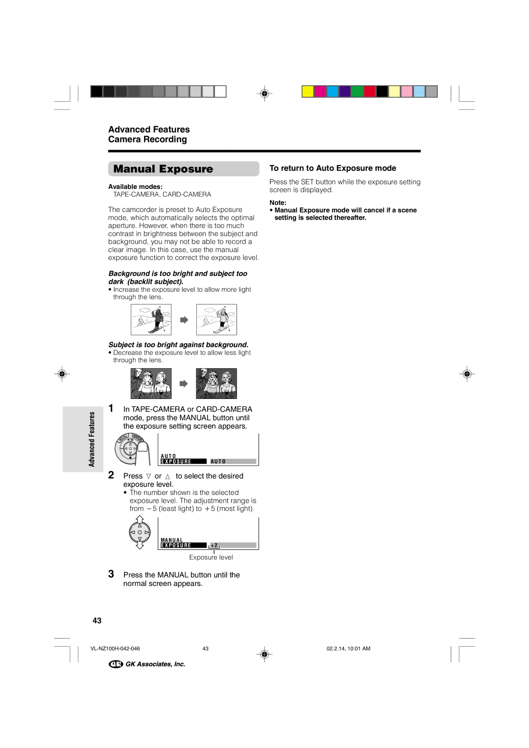 Sharp VL-NZ100S Manual Exposure, Advanced Features Camera Recording, To return to Auto Exposure mode, Screen is displayed 