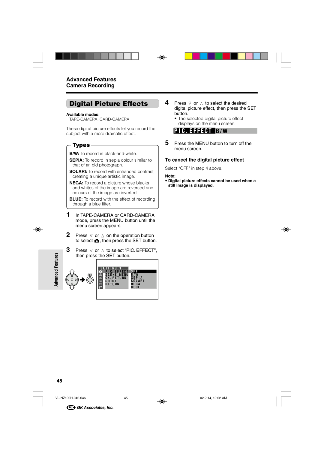 Sharp VL-NZ100S manual Digital Picture Effects, To cancel the digital picture effect 